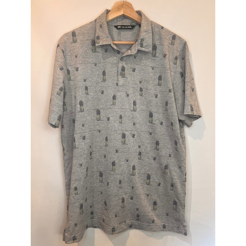 Travis Mathew Polo Shirt Gray Pineapple‎ Cocktail Print Short Sleeve Stretch M